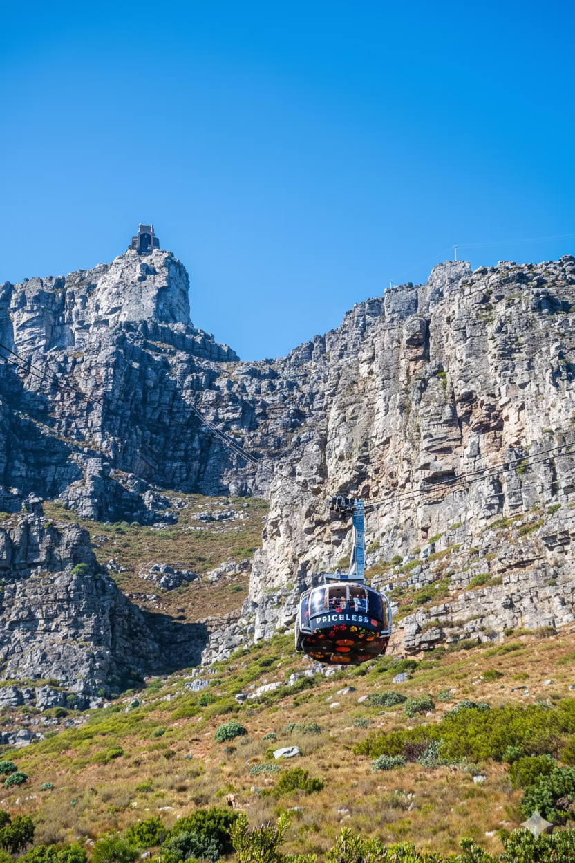 Table Mountain aerial cableway car ascending towards the summit under a clear blue sky in Cape Town, South Africa, showcasing breathtaking safari and corporate event destination experiences